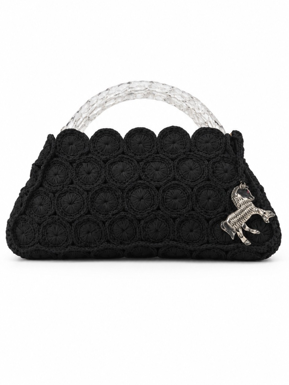 Rare Vintage Handmade Black Crochet Lucite Top Handle Bag "Fab Find!"